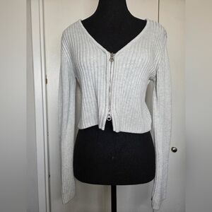 Garage Light Grey Ribbed Cropped Zip-Up Sweater